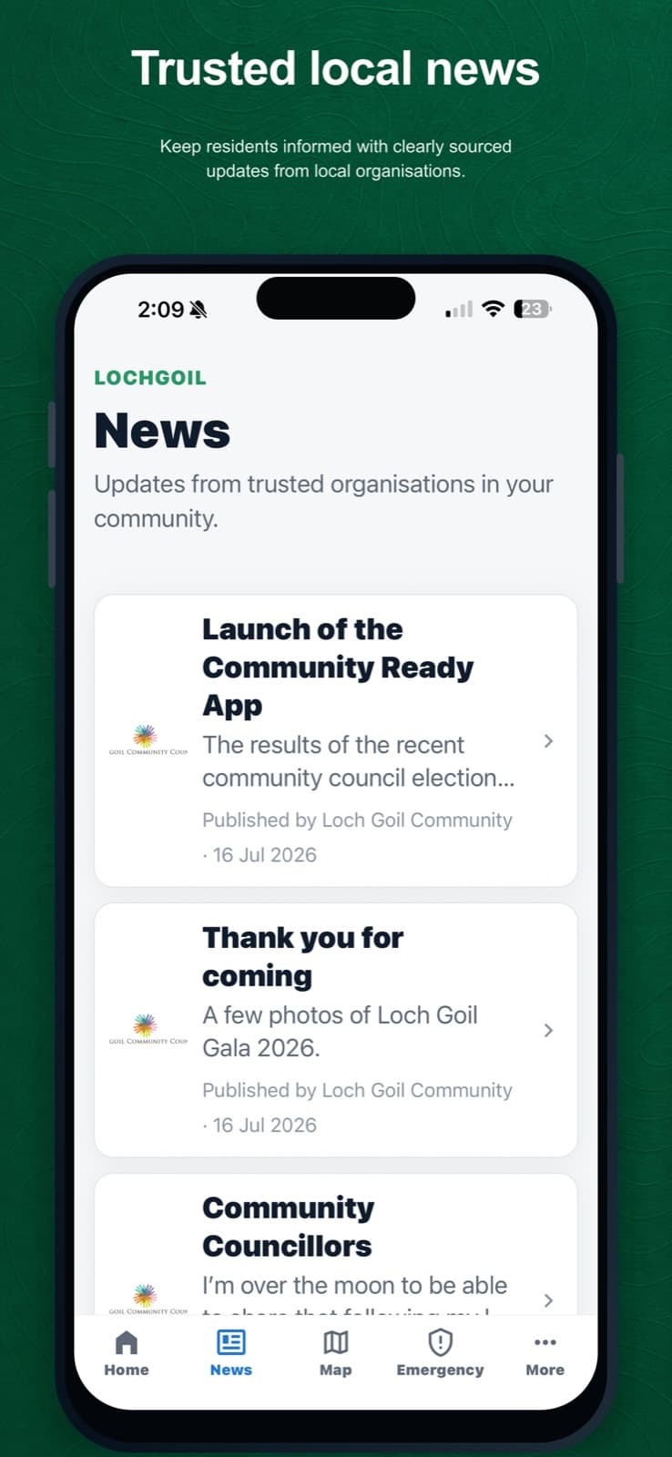 Resident app News page showing trusted local articles and their publisher