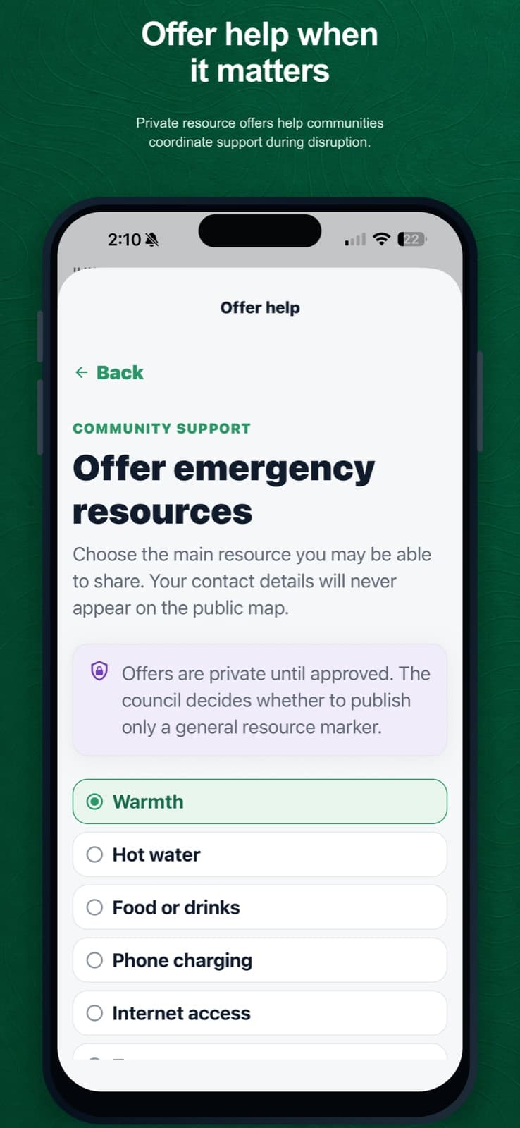 Resident Offer help screen showing emergency resource choices