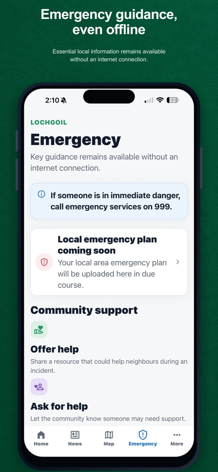 Resident app Emergency screen with local plan and community support choices