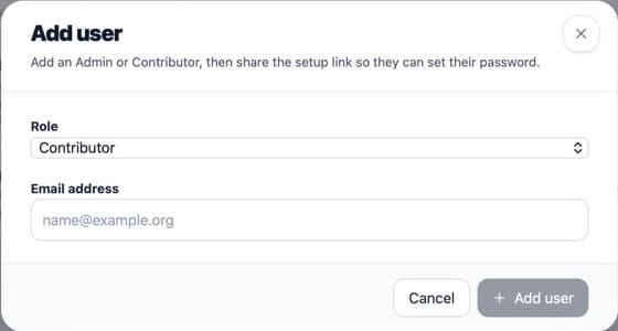 Add user form with role and email address fields