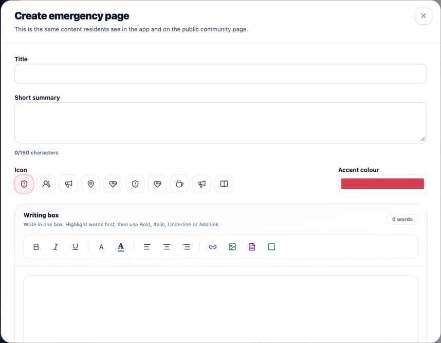 Emergency page form with title, summary, icon, colour and writing controls
