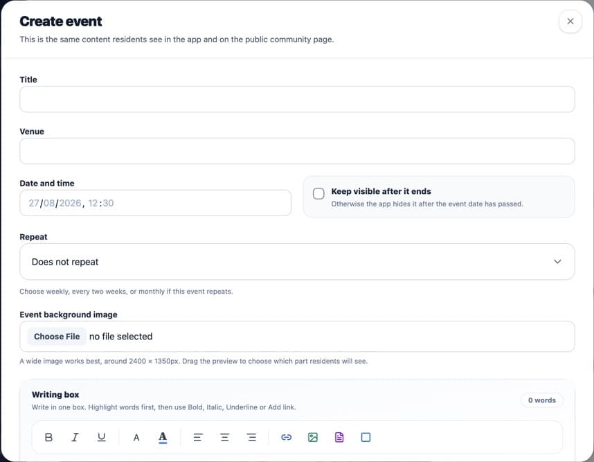 Event form showing the repeat control