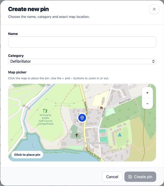 Create new pin form with name, category and map picker
