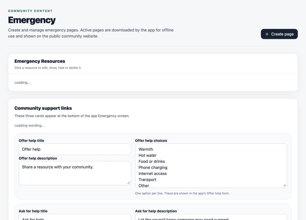 Emergency administration page with active pages and create control