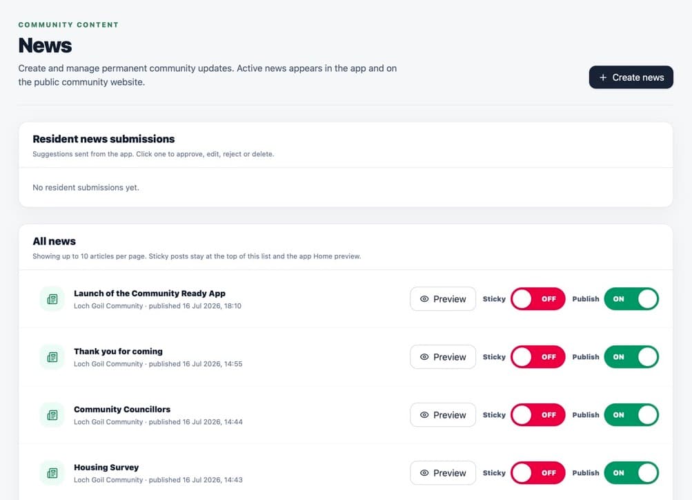 News administration list with navigation and item controls