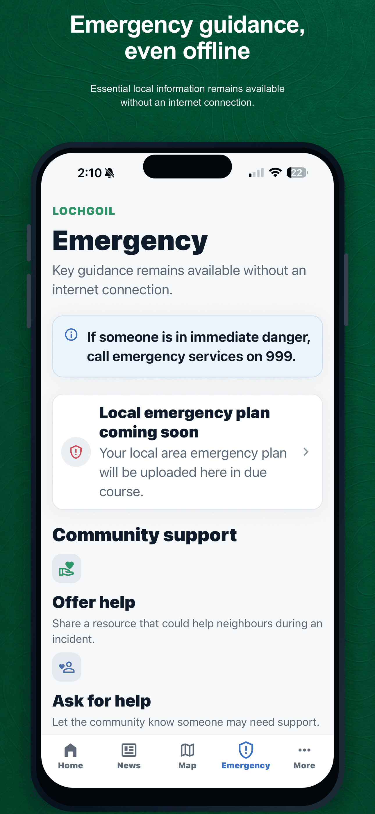 The Lochgoil Emergency screen, with the emergency plan placeholder and community support options.