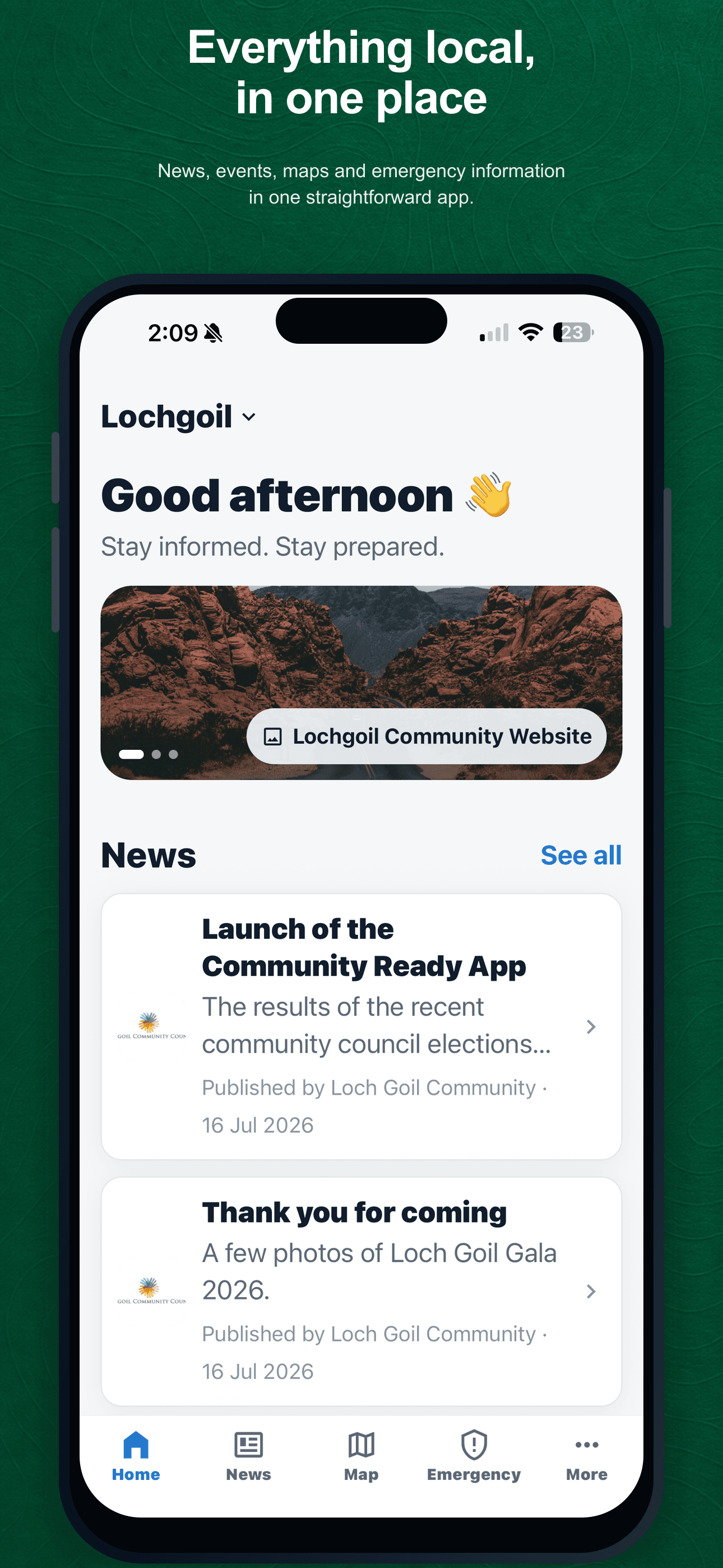 Community Ready app home screen for Lochgoil, with the community website banner, local news and bottom navigation.
