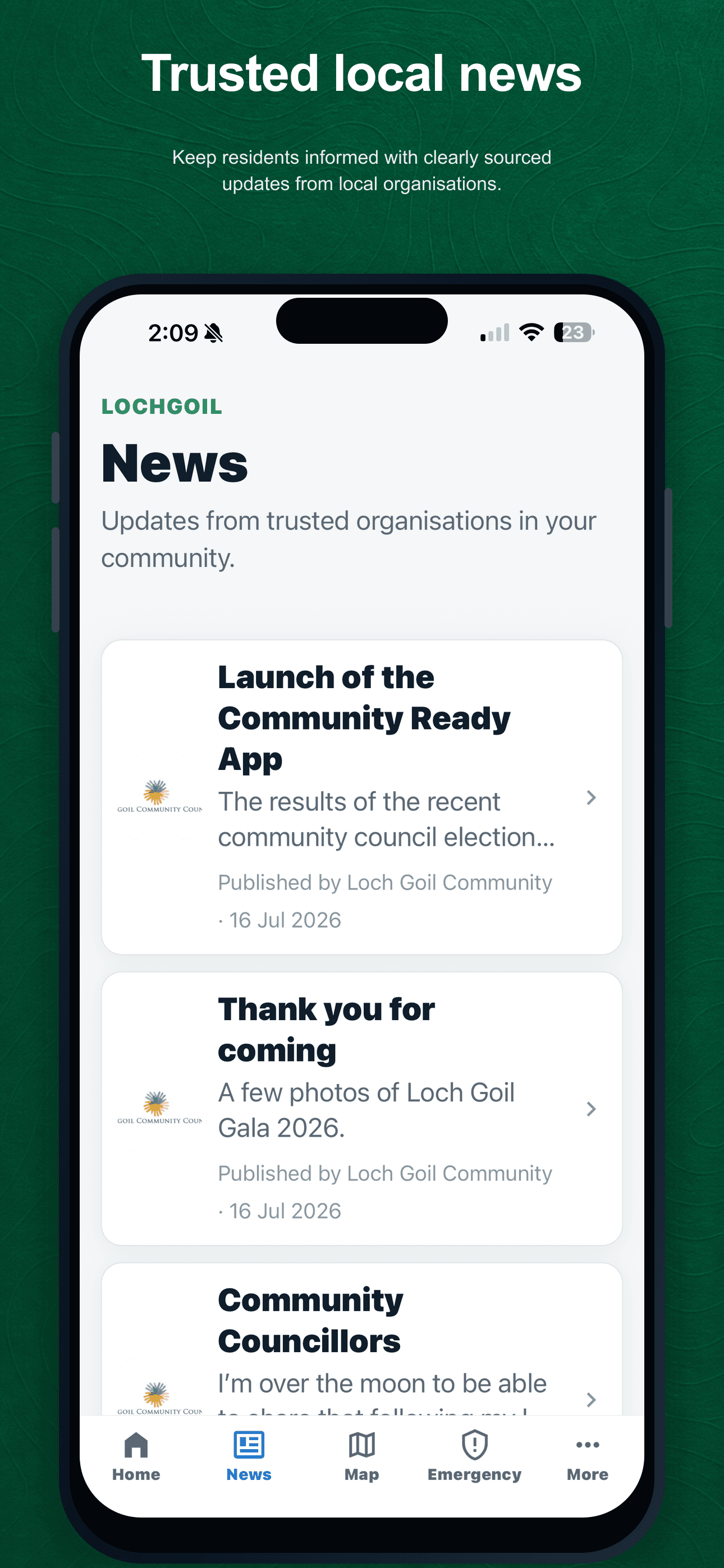 The Lochgoil News screen in the app, showing several community articles and their publishers.