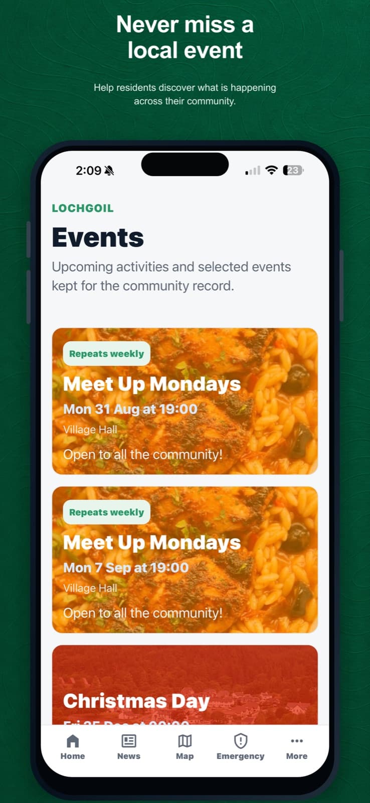 Resident app Events page showing dated event cards