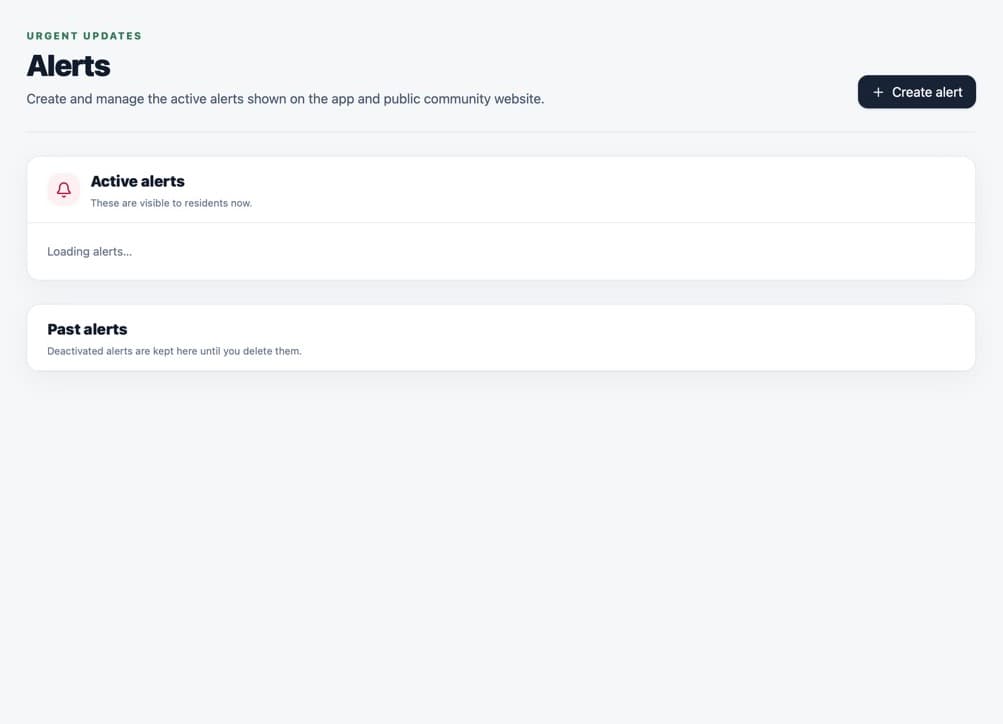 Alerts page showing active and past alerts and the Create alert button