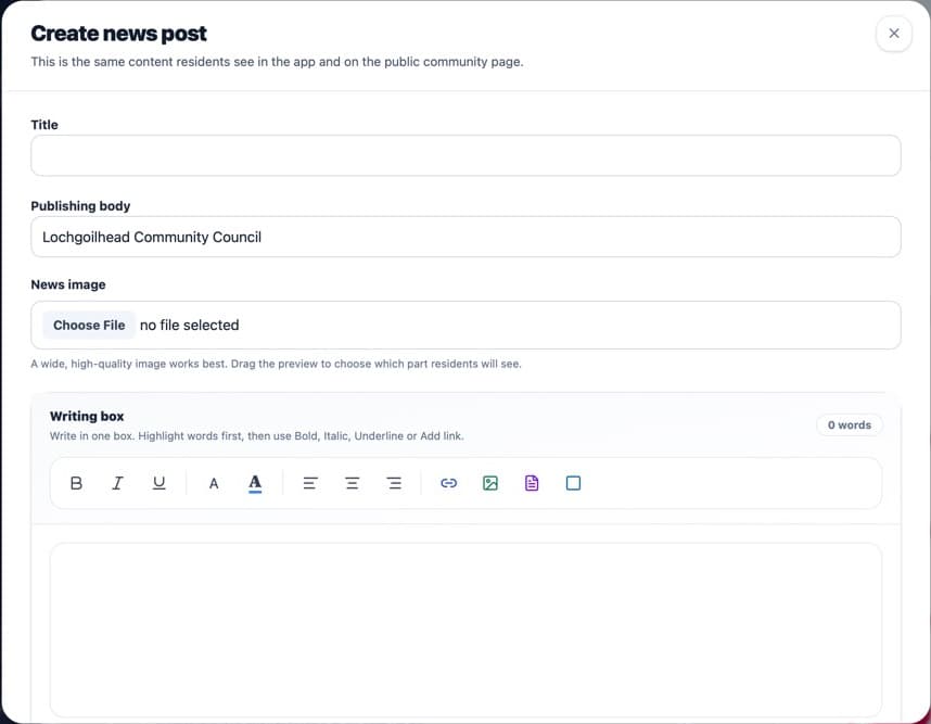 Create news form with title, publishing body, image and writing fields